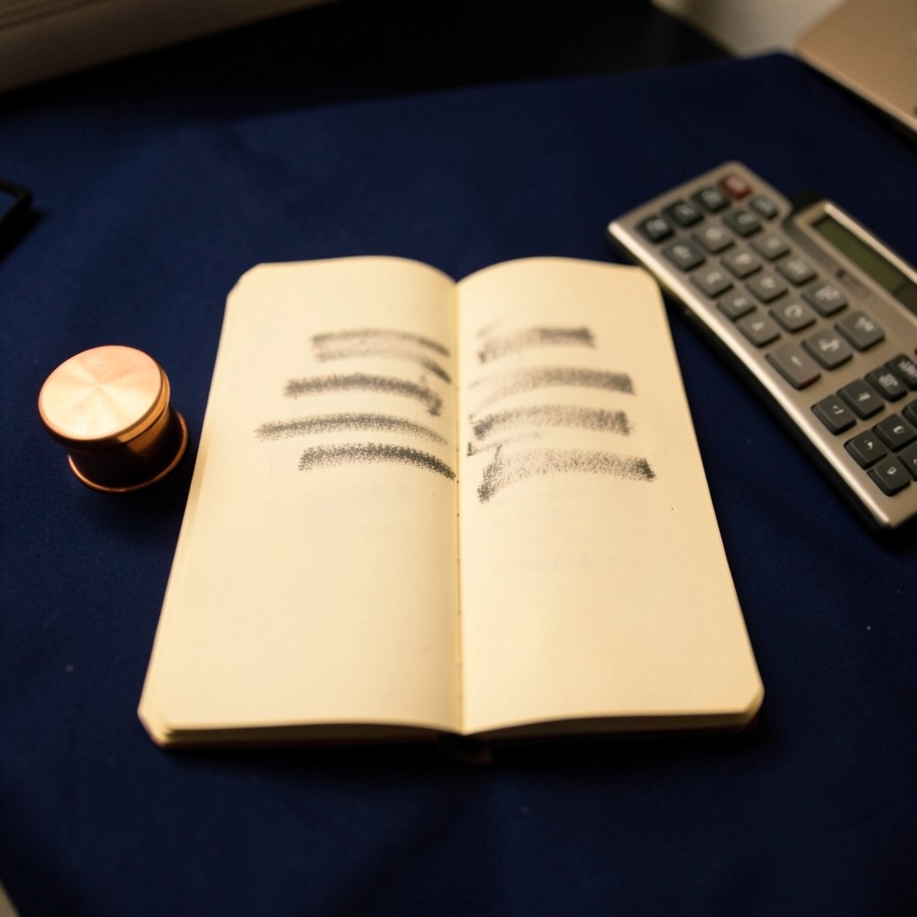 An overhead still life of a notebook, a calculator, and a copper paperweight on a dark blotter