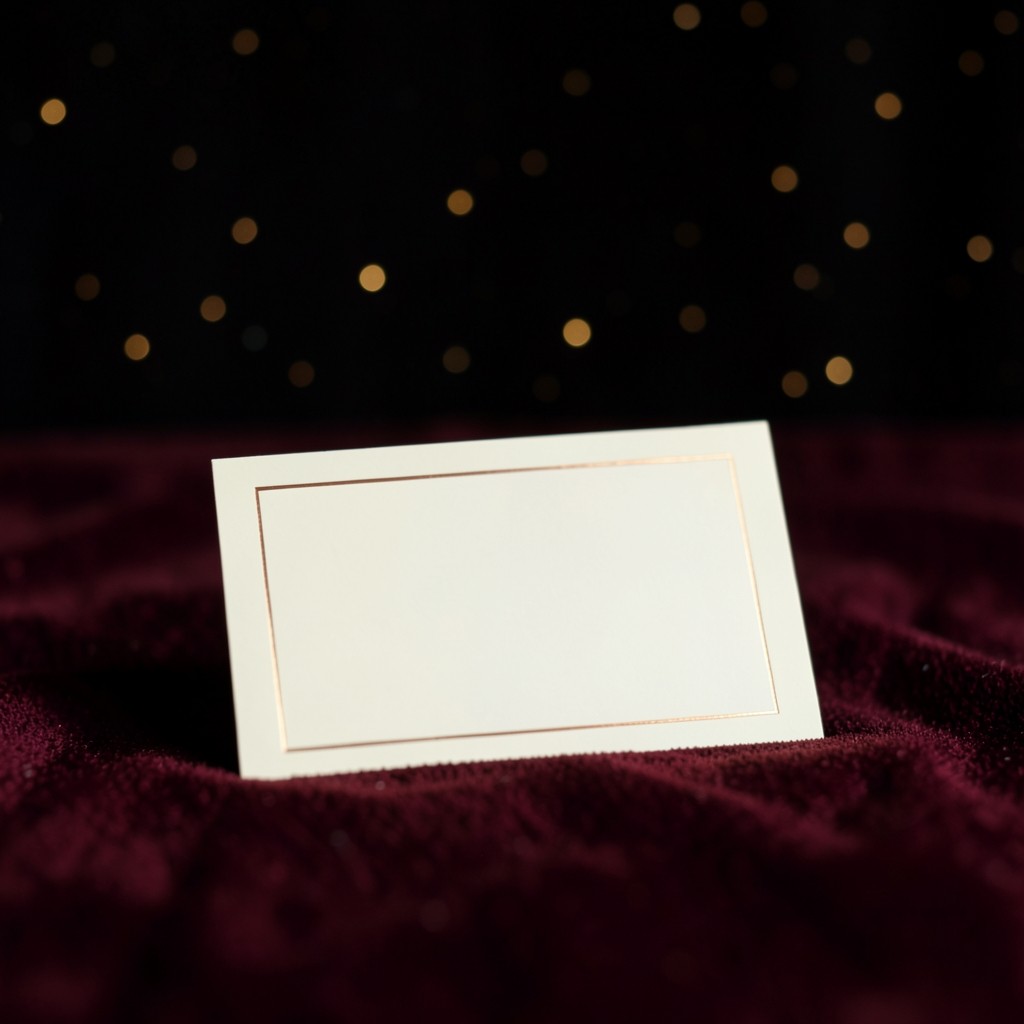 A blank cream card divided by thin copper lines, lying on burgundy velvet