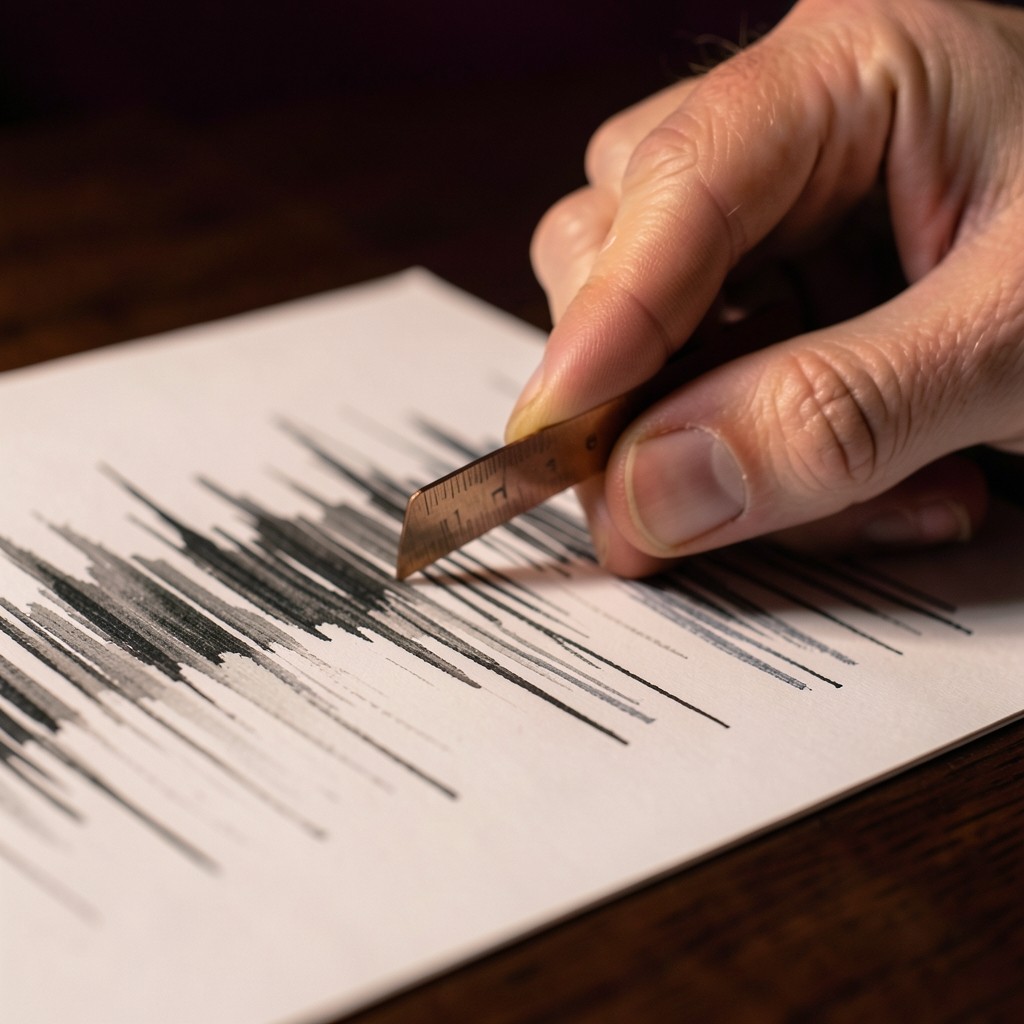 A hand sliding a copper ruler across a paper chart of unmarked price strokes