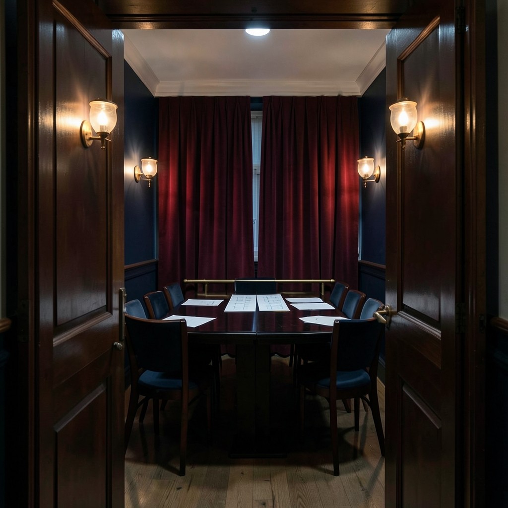 A narrow evening classroom seen through a doorway, with a lacquered table, velvet curtains, and paper charts