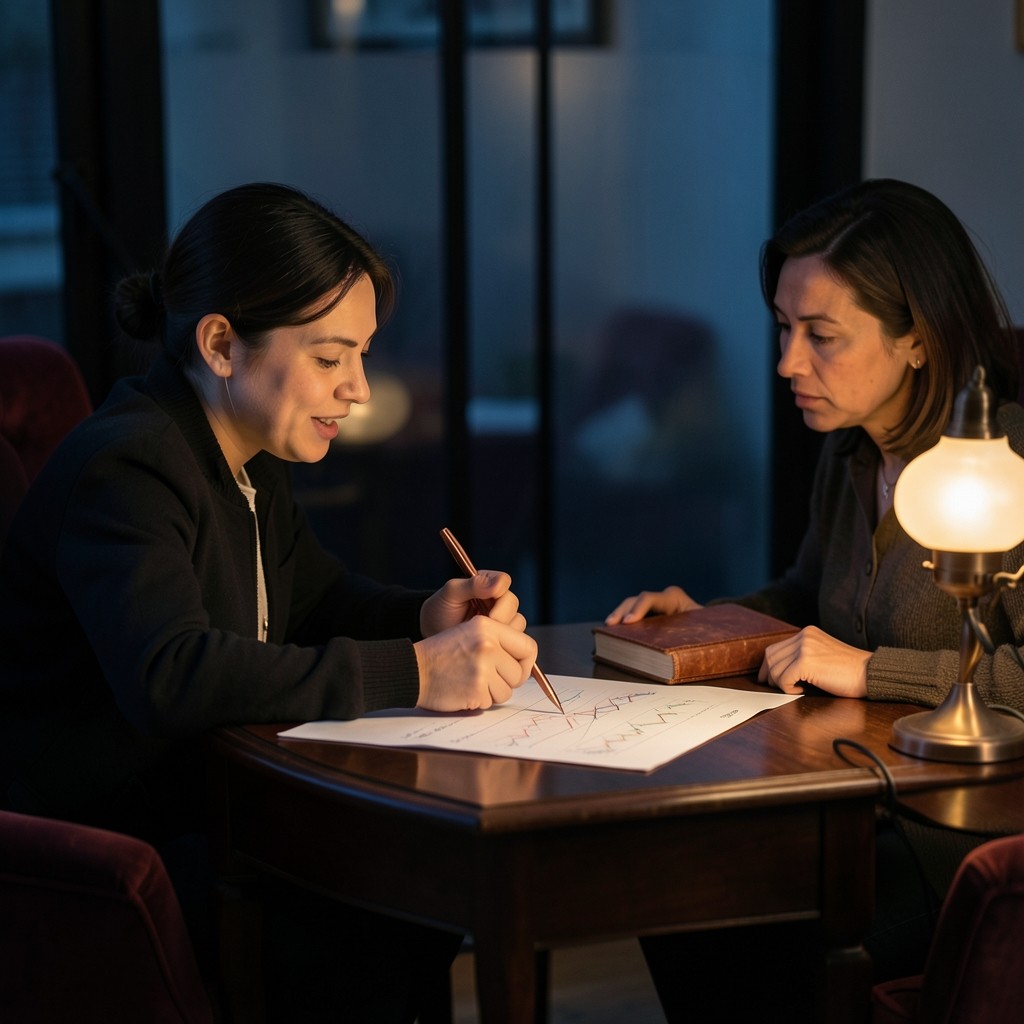 Two adults at a dark wood desk studying a paper chart under a copper lamp