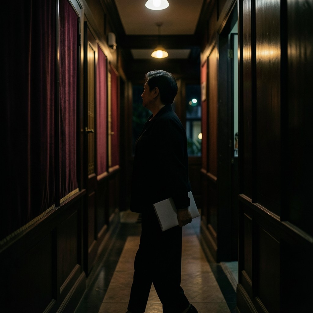 An adult walking out of a dim wood-lined room at night carrying a slim paper folder