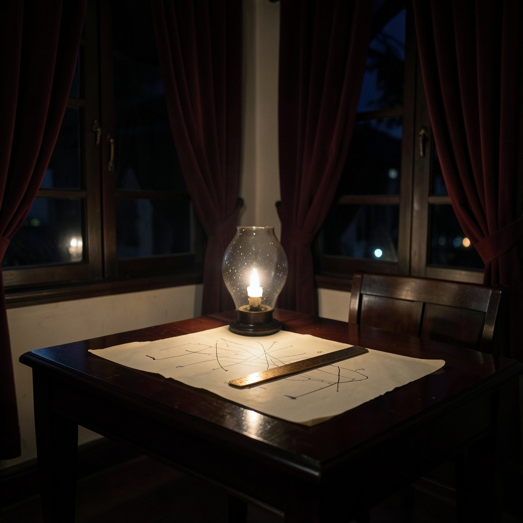 A dim Bangkok study at night with velvet curtains, a lacquered table, and paper charts under a copper lamp