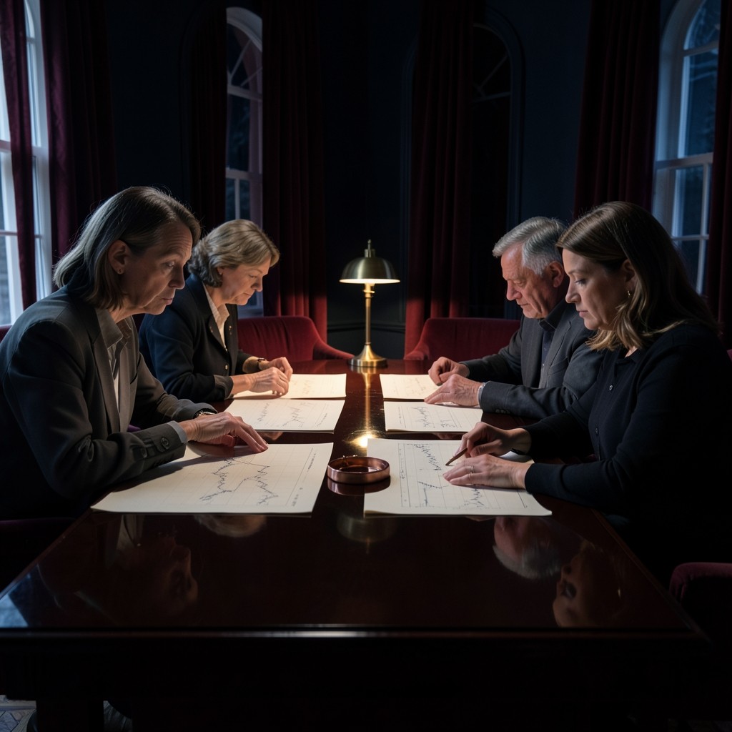 Adults seated around paper charts at a lacquered table in a dim velvet-curtained room