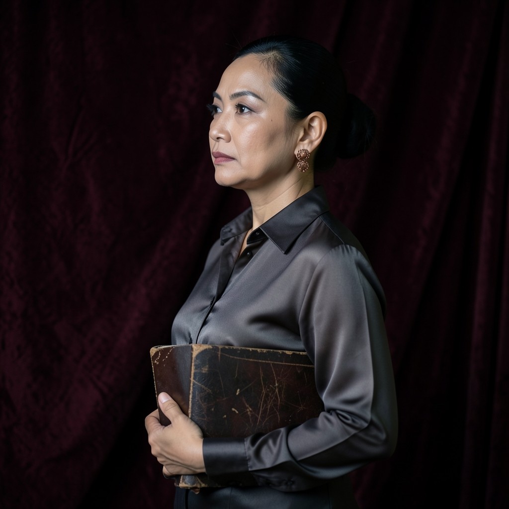 Portrait of a Thai woman in her early forties standing beside burgundy velvet drapery