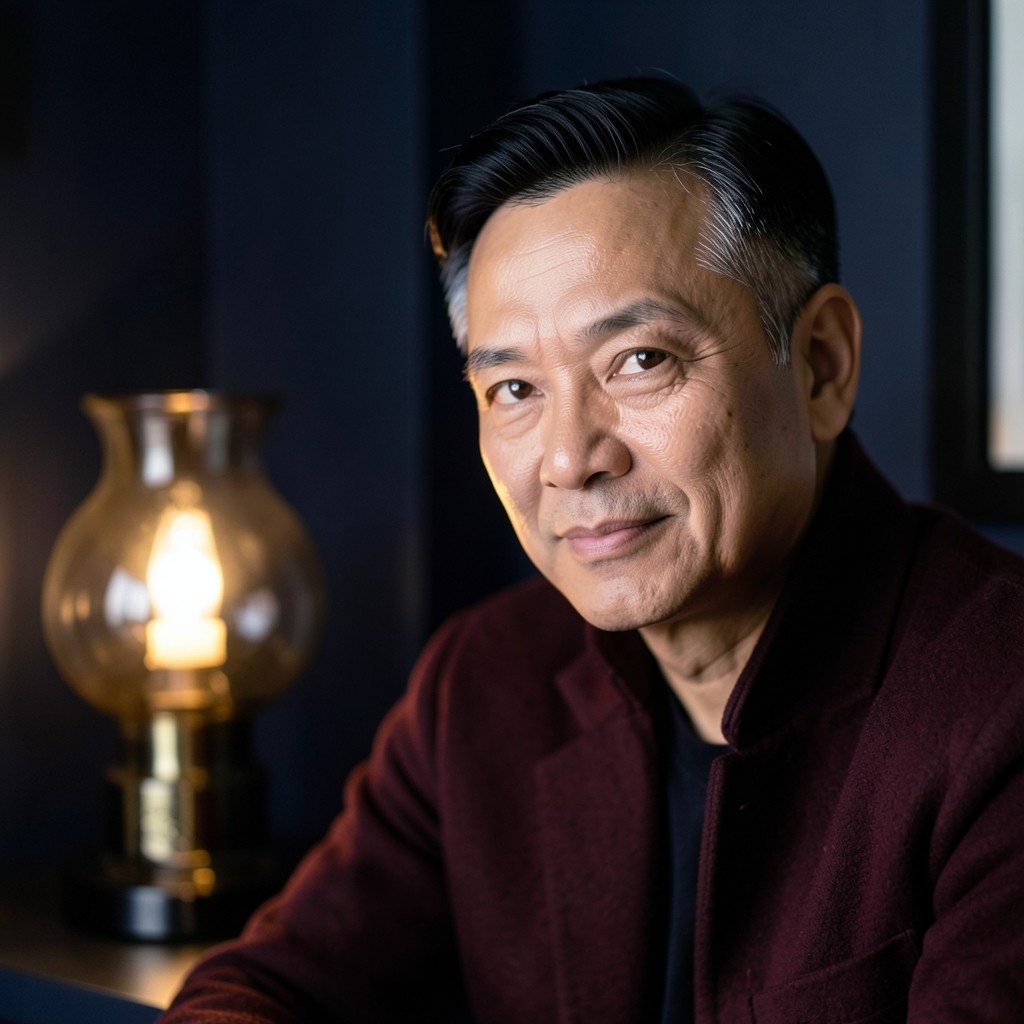 Portrait of a Thai man in his late forties wearing a dark burgundy jacket beside a smoked-glass lamp